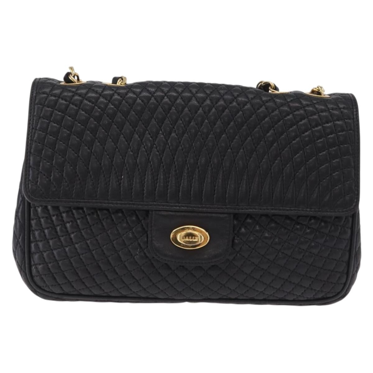 Bally Chain Shoulder Bag Leather Black Gold Tone Auth BA16159A