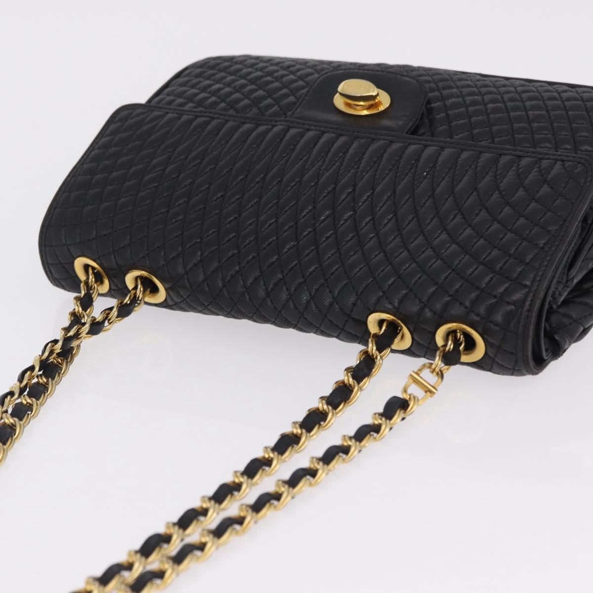 Bally Chain Shoulder Bag Leather Black Gold Tone Auth BA16159A