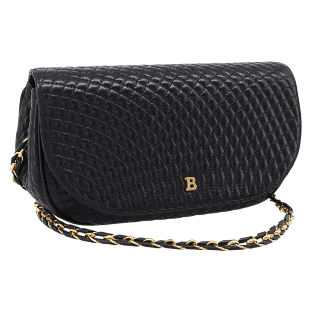 Bally Chain Shoulder Bag Leather Black Gold Tone Auth BA16160A
