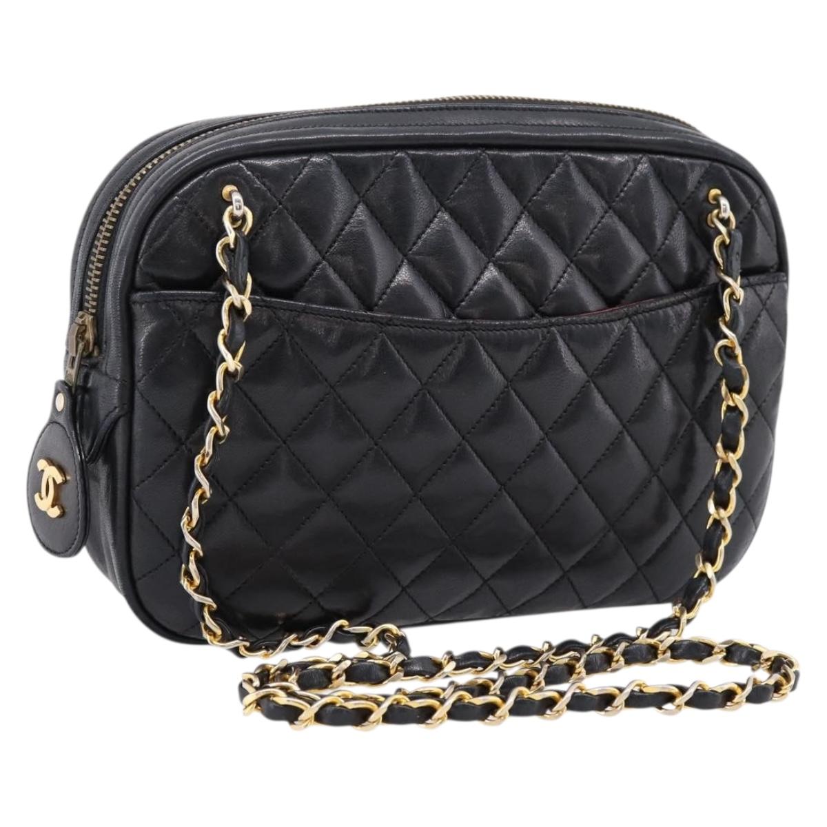 CHANEL Matelasse Chain Shoulder Bag Lamb Skin Black Gold Tone CC Auth BA16161