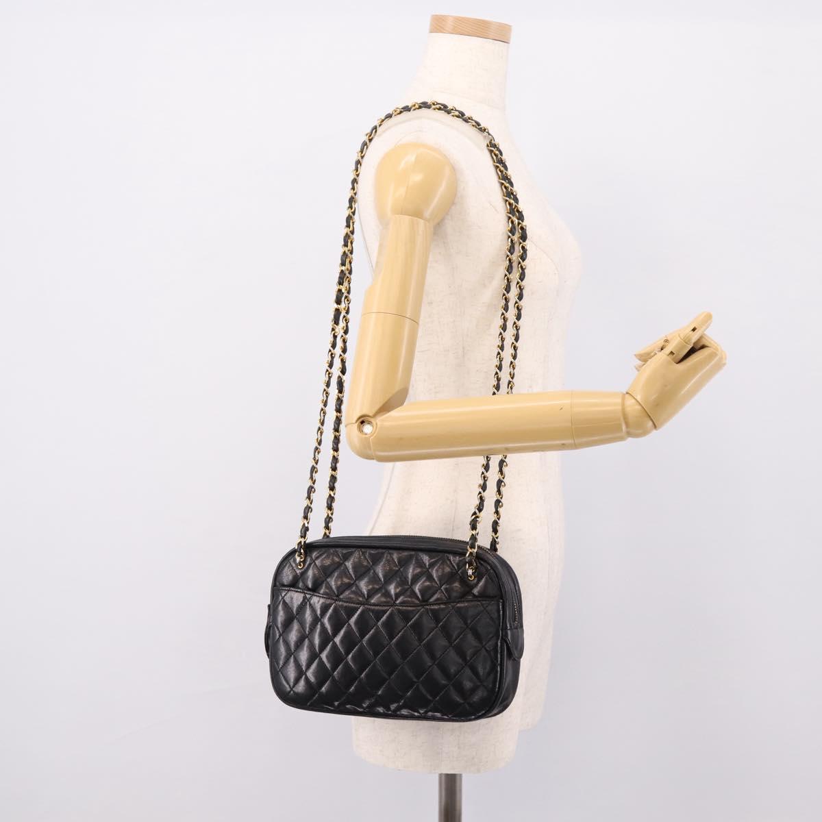 CHANEL Matelasse Chain Shoulder Bag Lamb Skin Black Gold Tone CC Auth BA16161