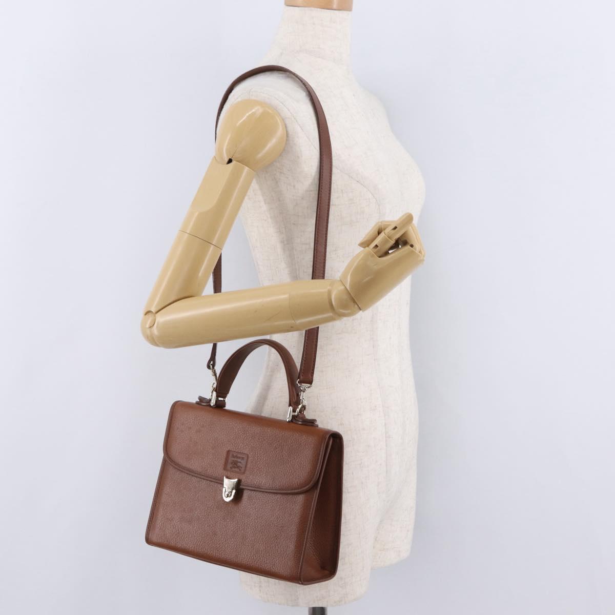 Burberrys Hand Bag Leather 2way Brown Silver Auth BA16165