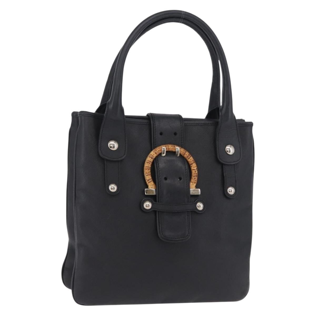 Salvatore Ferragamo Gancini Hand Bag Leather Black Silver Auth BA16166