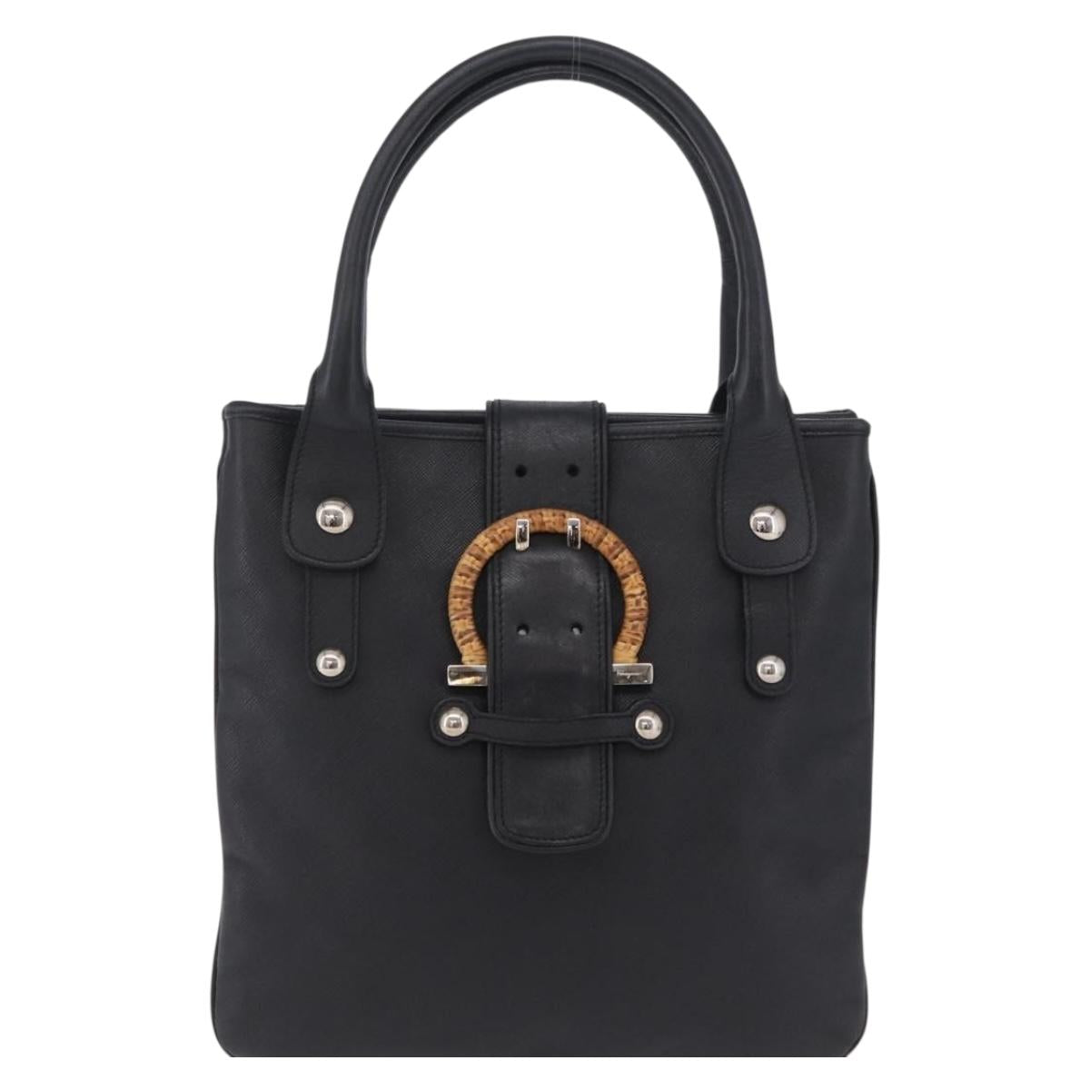 Salvatore Ferragamo Gancini Hand Bag Leather Black Silver Auth BA16166