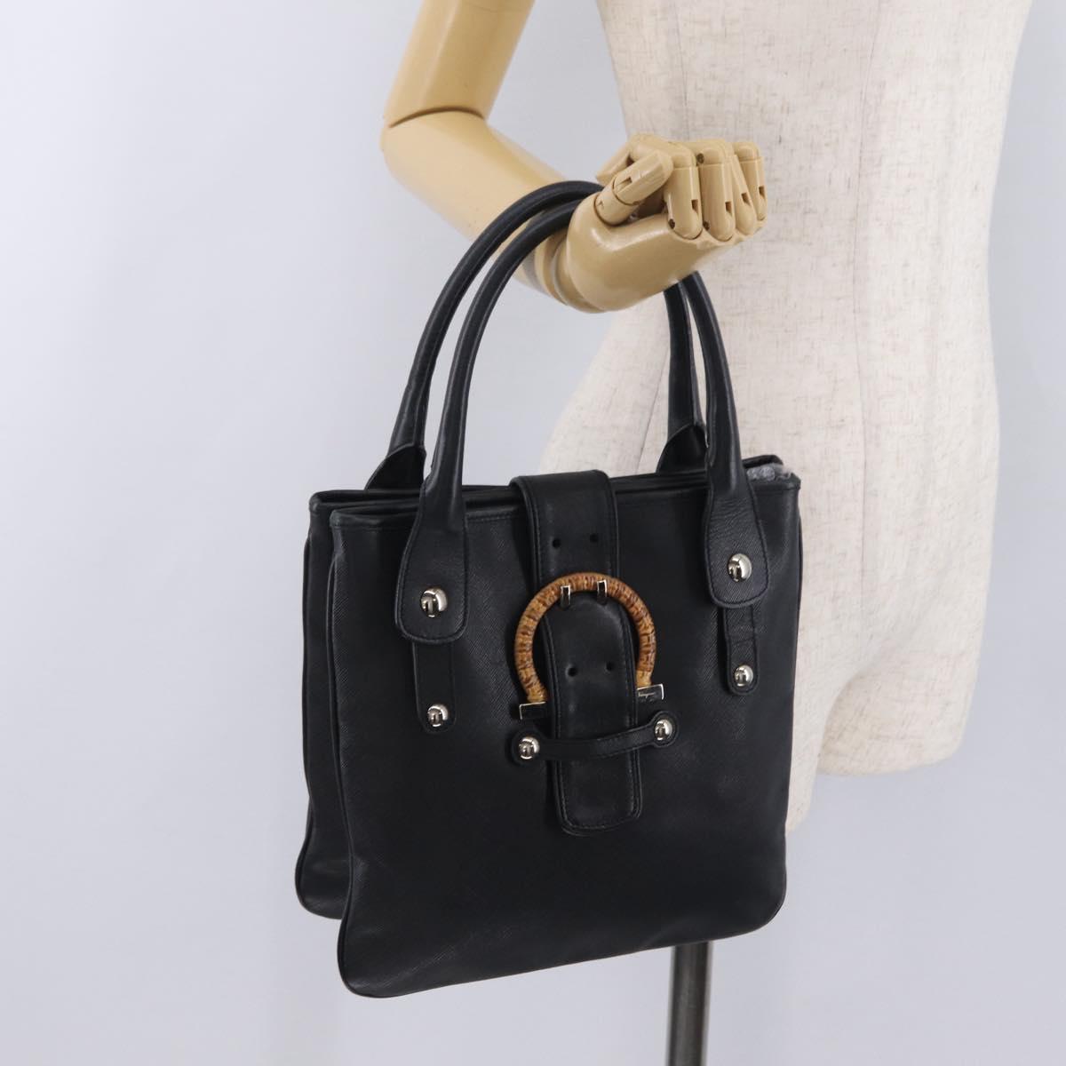 Salvatore Ferragamo Gancini Hand Bag Leather Black Silver Auth BA16166