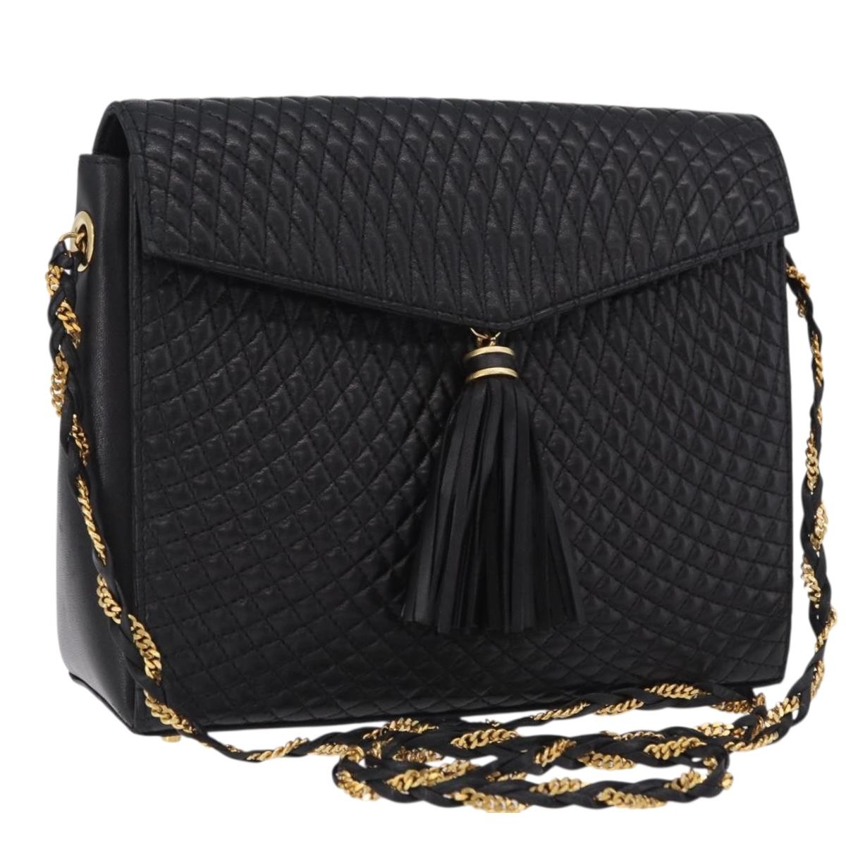 Bally Chain Shoulder Bag Leather Black Gold Tone Auth BA16168