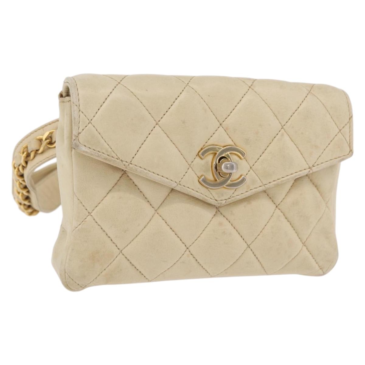 CHANEL Matelasse Waist Bag Lamb Skin Beige Gold Tone CC Auth BA16179
