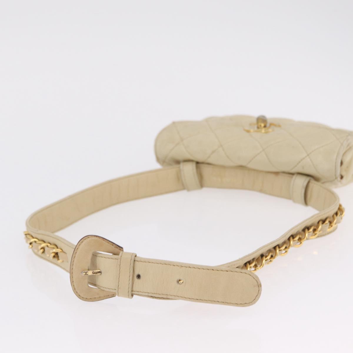 CHANEL Matelasse Waist Bag Lamb Skin Beige Gold Tone CC Auth BA16179