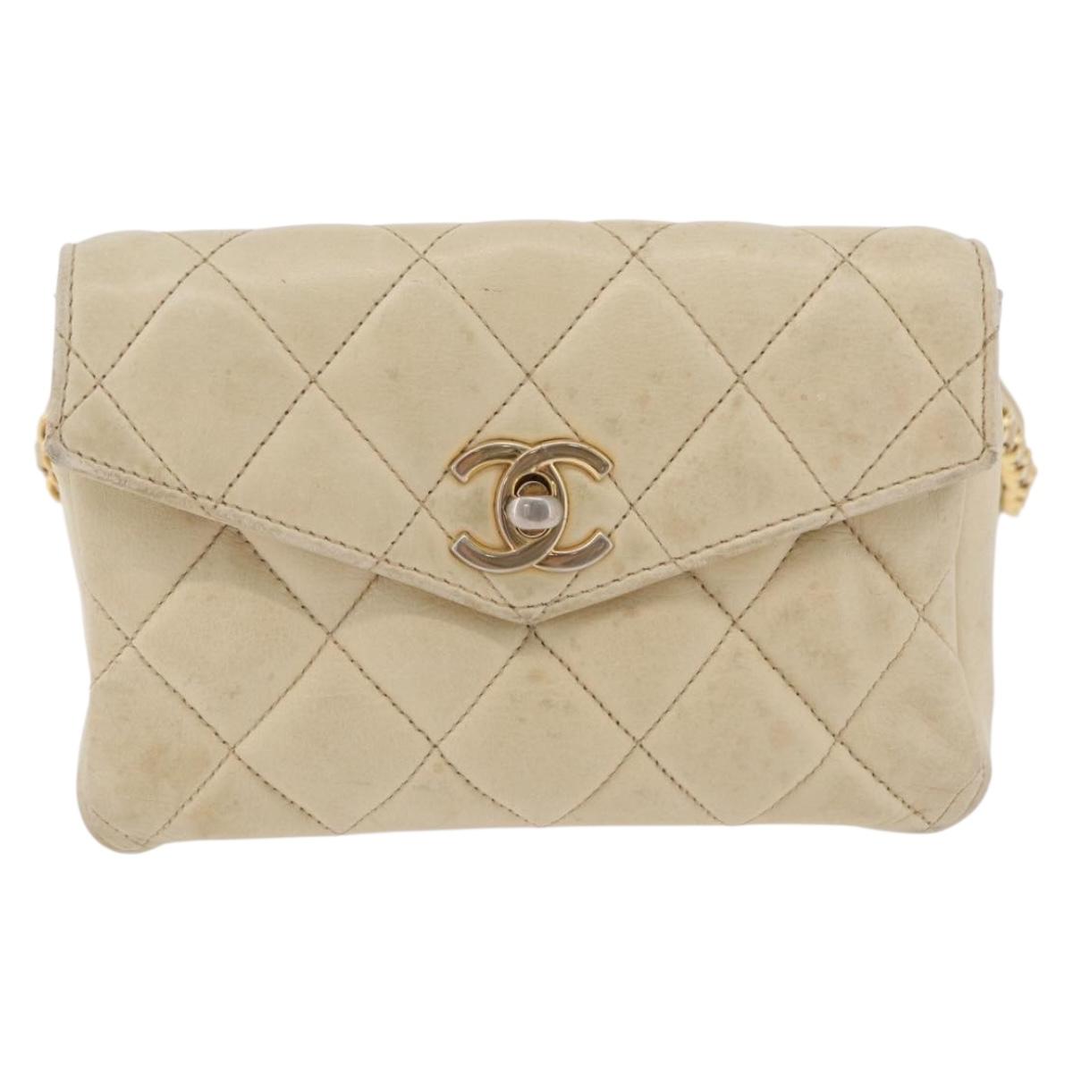 CHANEL Matelasse Waist Bag Lamb Skin Beige Gold Tone CC Auth BA16179