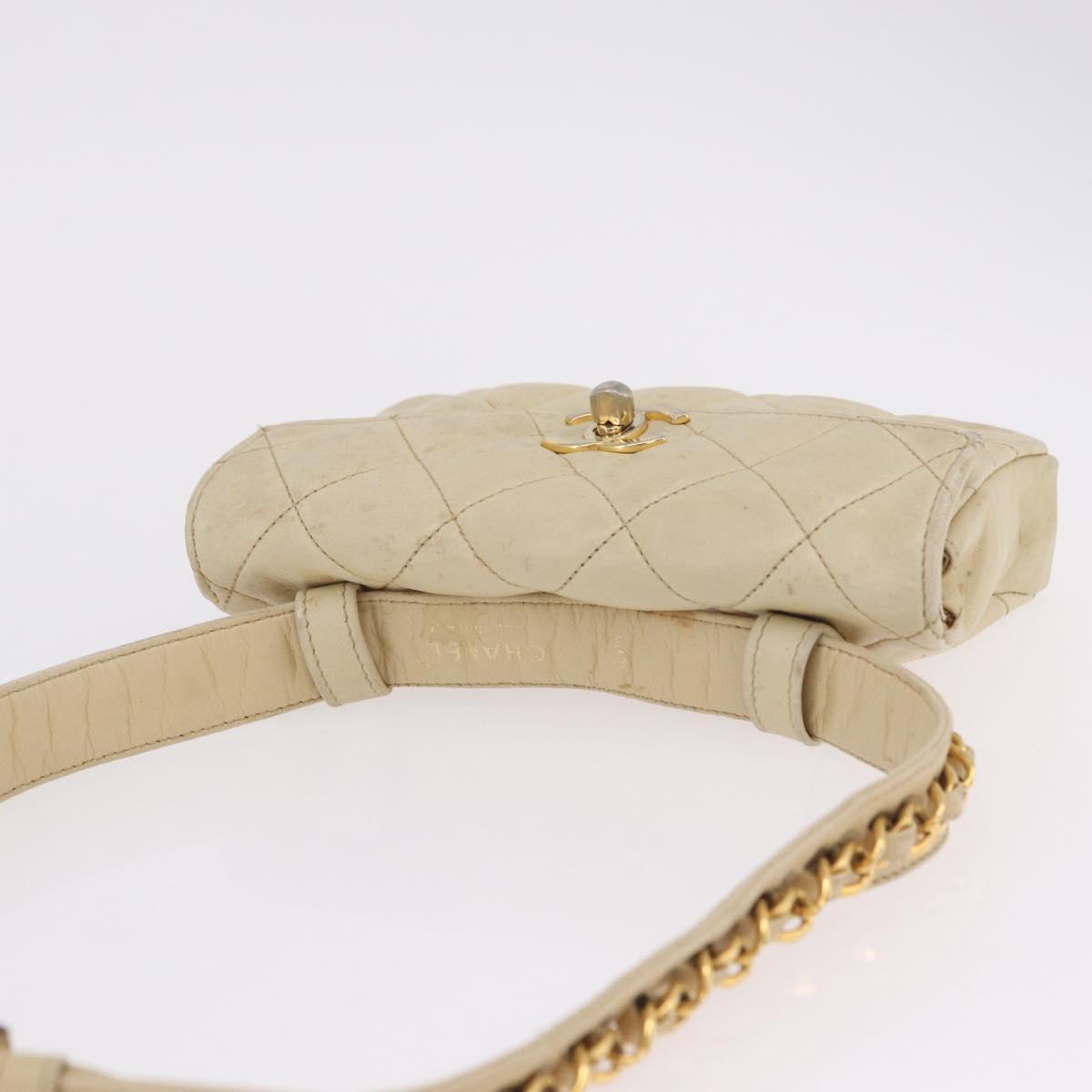 CHANEL Matelasse Waist Bag Lamb Skin Beige Gold Tone CC Auth BA16179