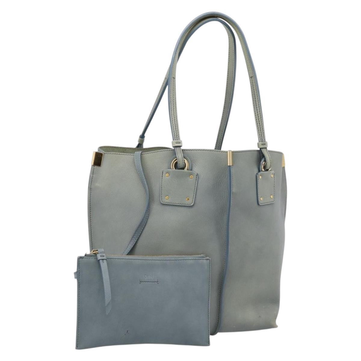 Chloe Vic Tote Bag Leather Light Blue Gold Tone Auth BA16184