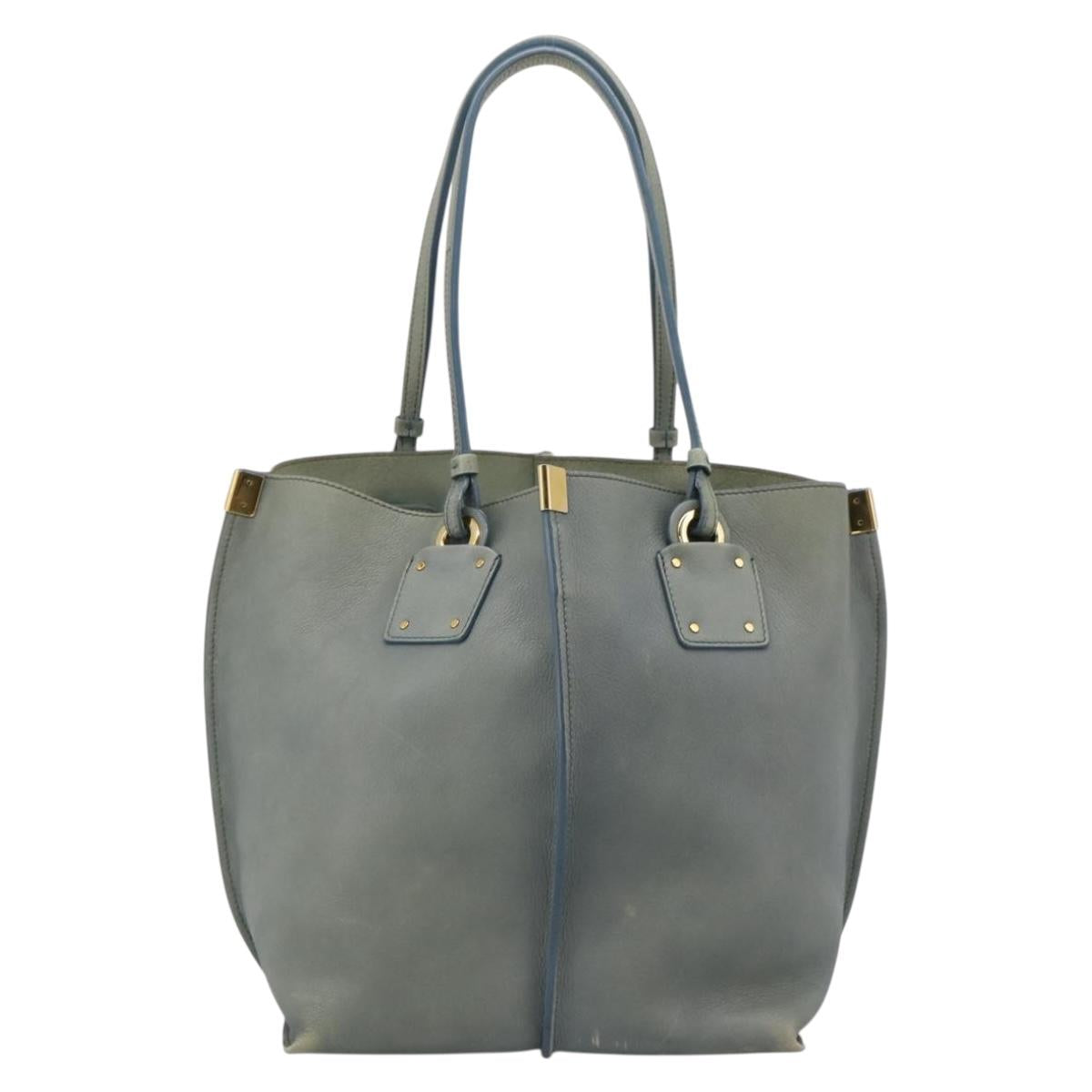 Chloe Vic Tote Bag Leather Light Blue Gold Tone Auth BA16184