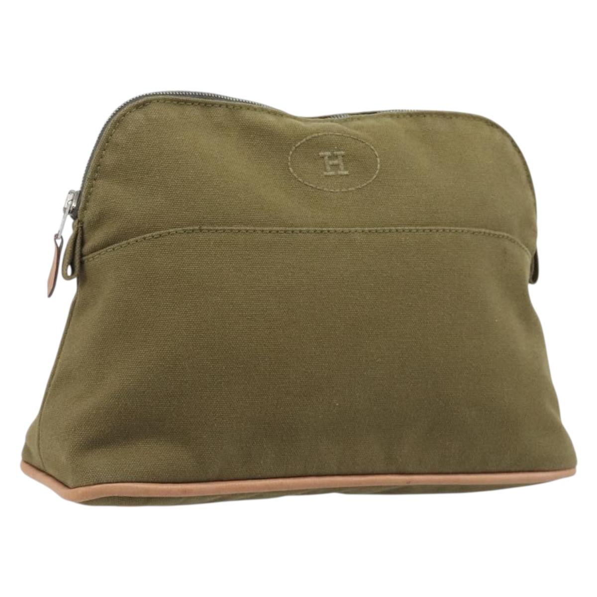 HERMES Bolide Pouch Pouch Canvas Khaki Silver Auth BA16189