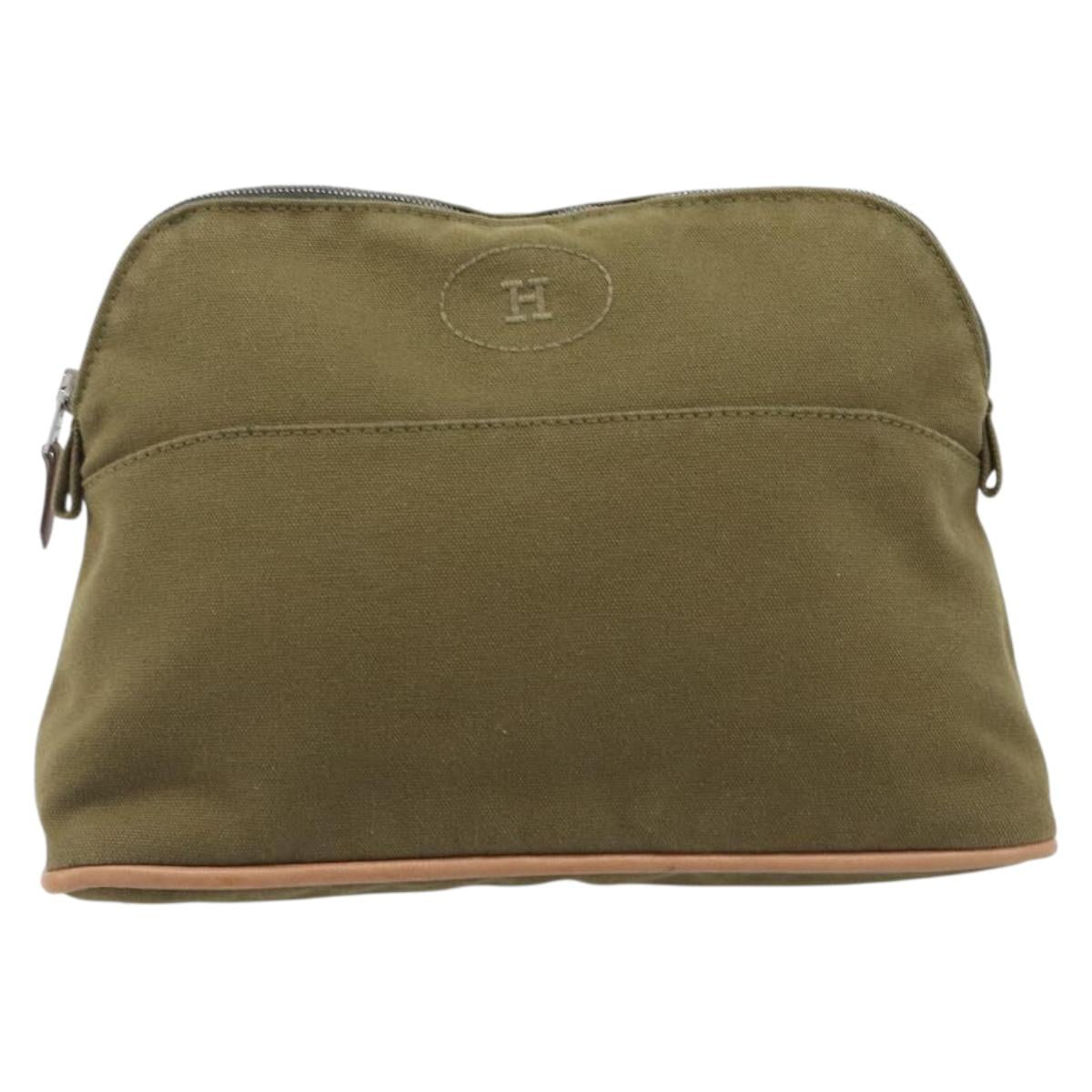 HERMES Bolide Pouch Pouch Canvas Khaki Silver Auth BA16189