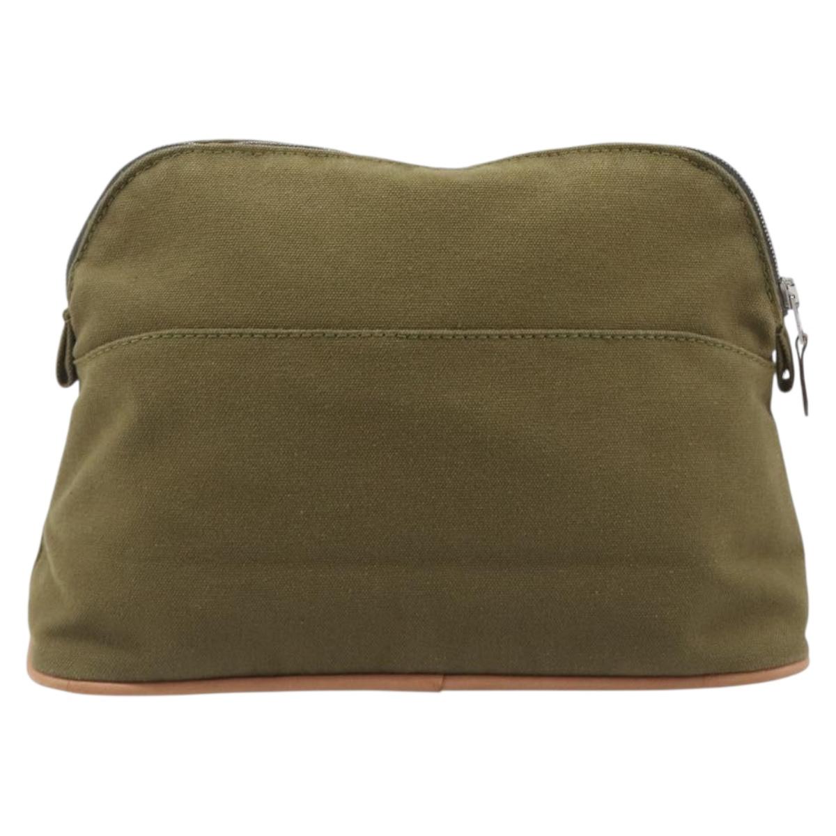 HERMES Bolide Pouch Pouch Canvas Khaki Silver Auth BA16189