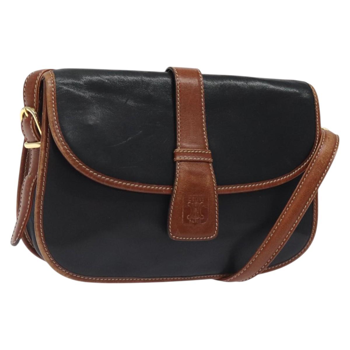 CELINE Shoulder Bag Leather Black Gold Auth BA1619