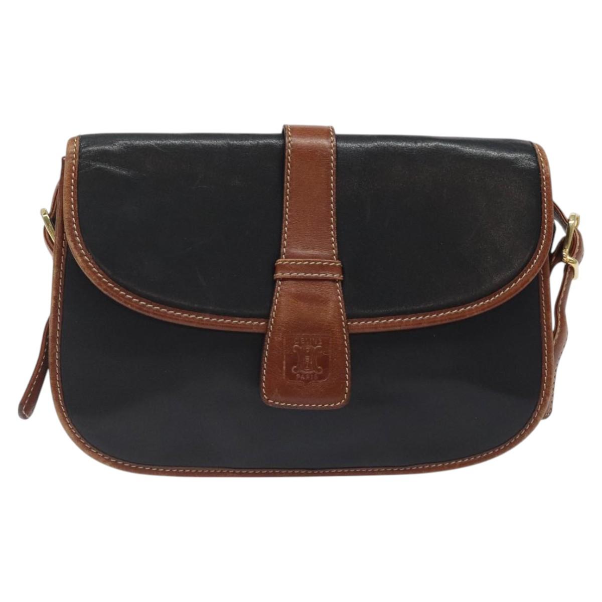 CELINE Shoulder Bag Leather Black Gold Auth BA1619