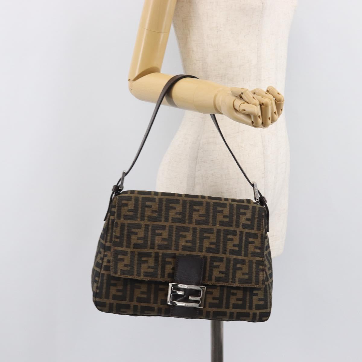 FENDI Zucca Canvas Mamma Baguette Shoulder Bag Black Silver Auth BA16202V