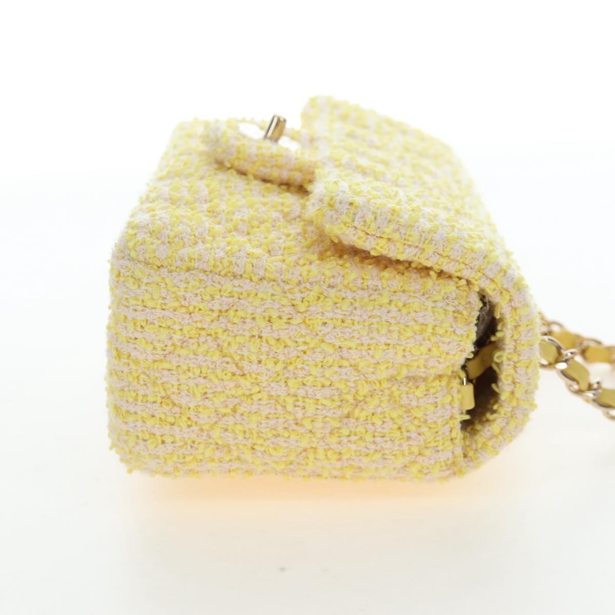 CHANEL Mini Matelasse Chain Shoulder Bag Tweed Yellow Gold CC Auth BA16205SM