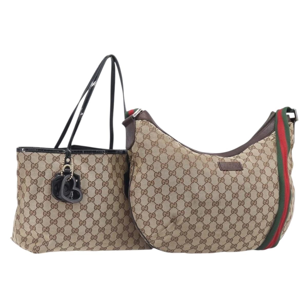 GUCCI GG Canvas Web Sherry Line Tote Bag Shoulder Bag 2 Set Beige Auth BA16222
