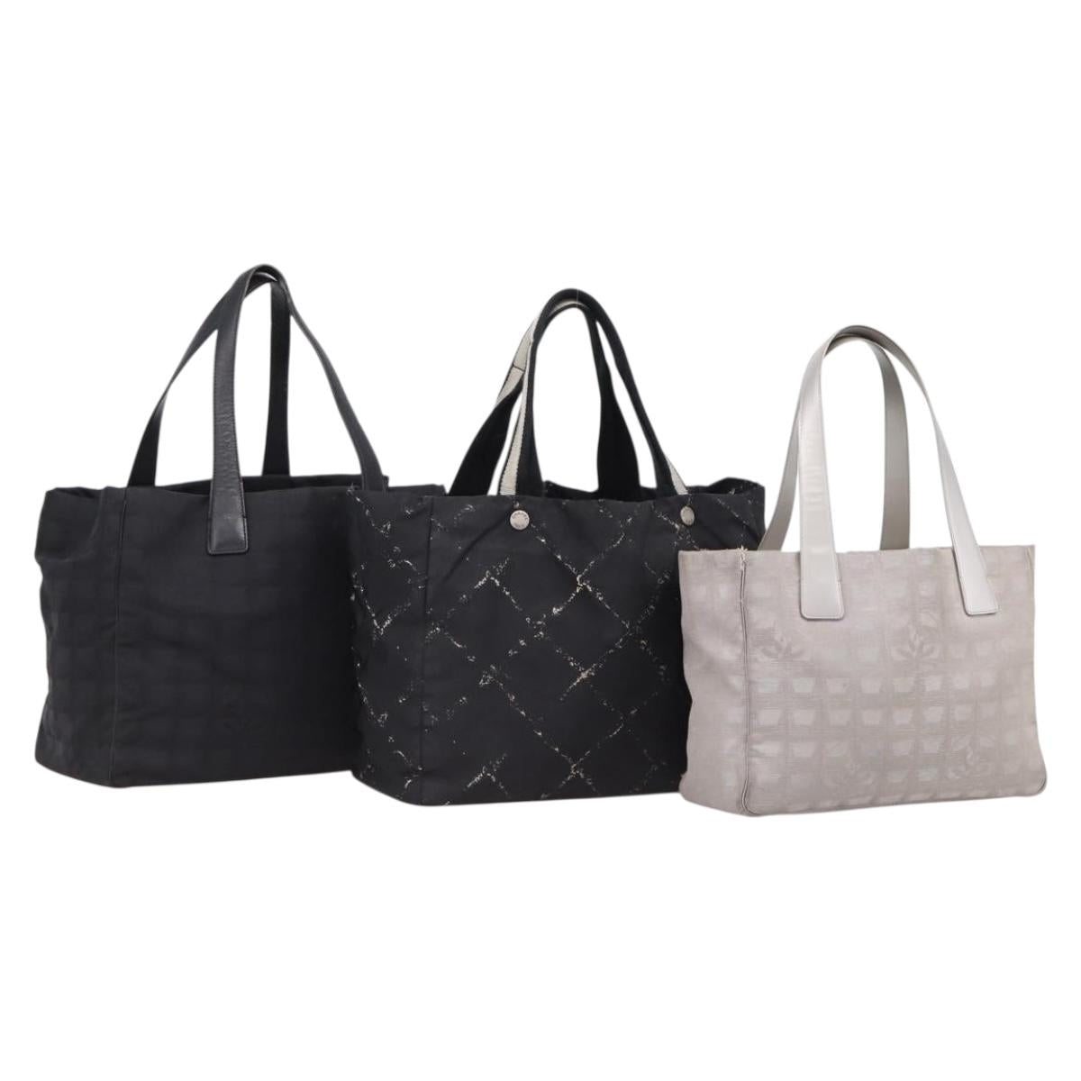 CHANEL New Travel Line Tote Bag Nylon 3 Set Black Silver CC Auth BA16224