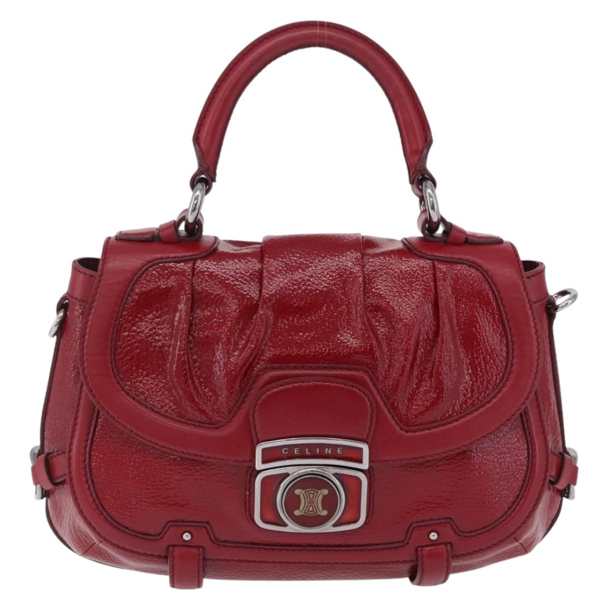 CELINE Boogie Bag Hand Bag Patent Red Silver Auth BA16250A