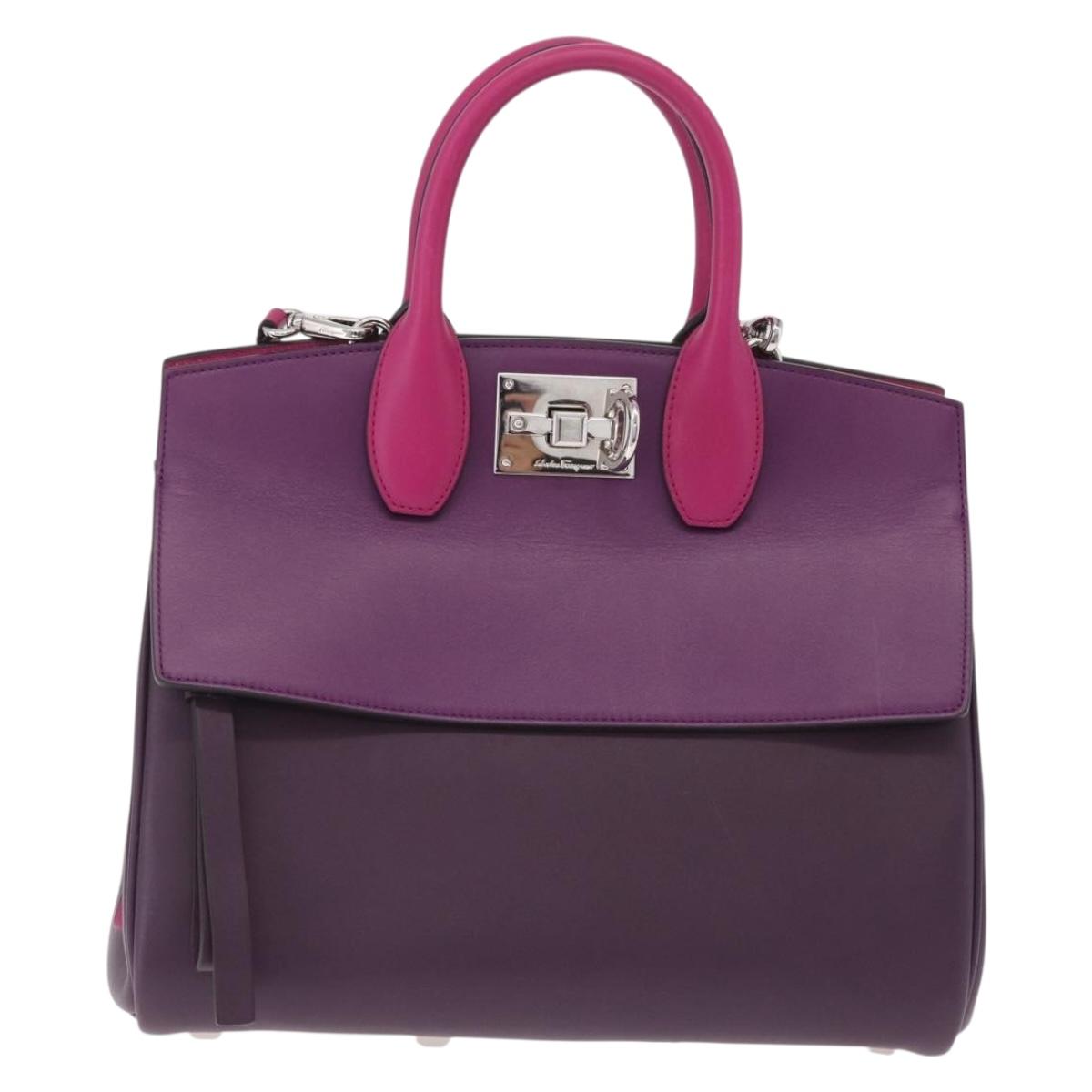 Salvatore Ferragamo Studio Bag Small Leather 2way Purple Silver Auth BA16267V