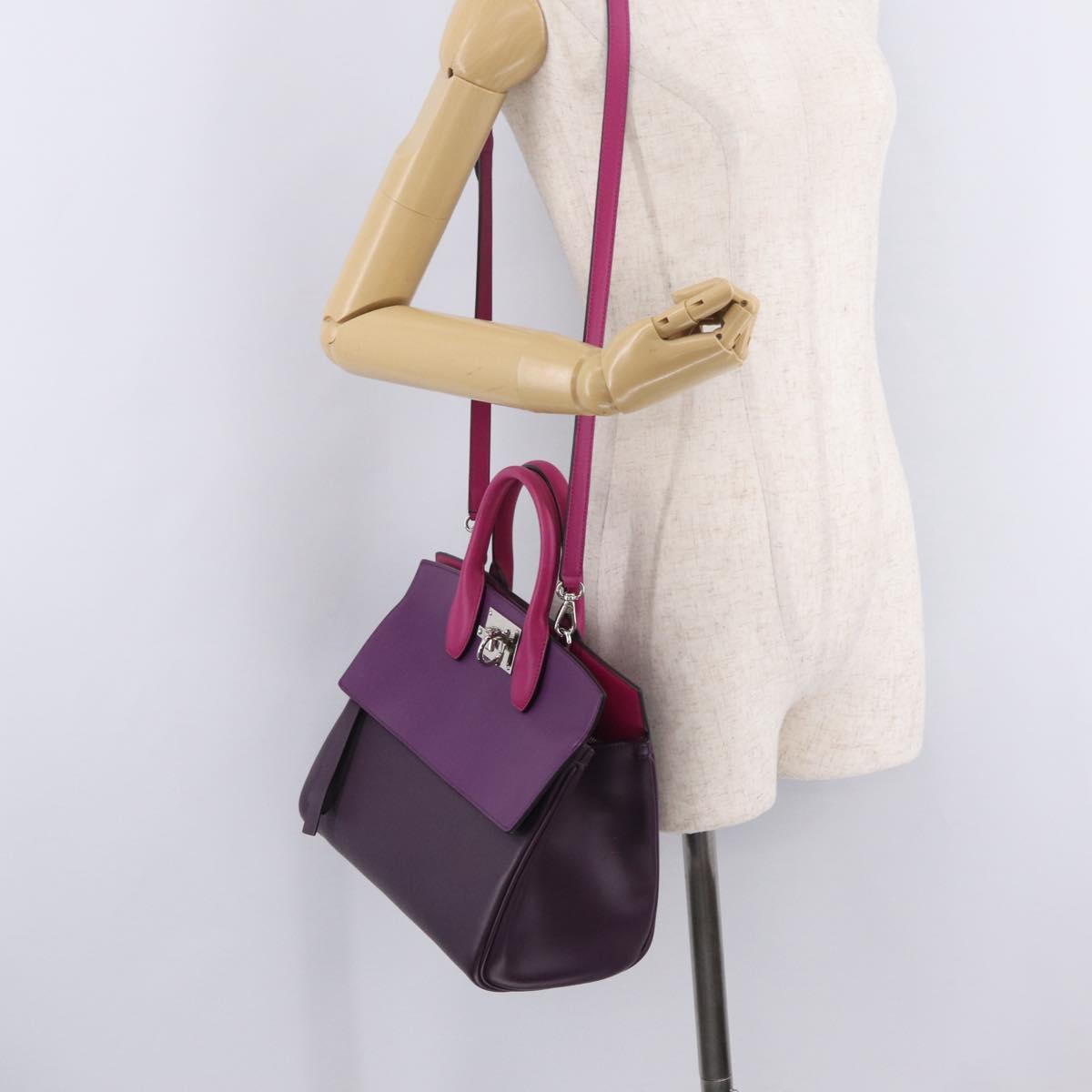 Salvatore Ferragamo Studio Bag Small Leather 2way Purple Silver Auth BA16267V