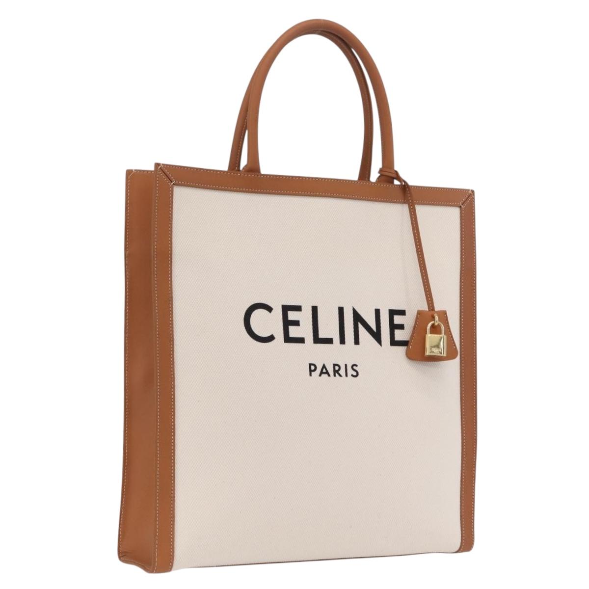 CELINE Vertical Cabas Large Hand Bag Canvas Ivory Gold Tone Auth BA16270M