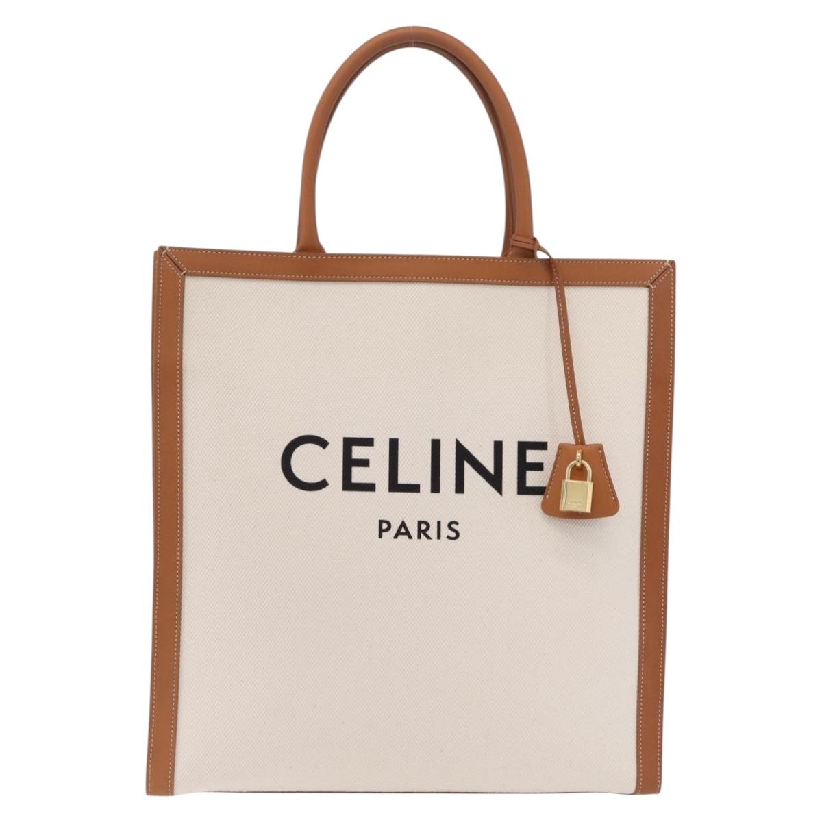 CELINE Vertical Cabas Large Hand Bag Canvas Ivory Gold Tone Auth BA16270M