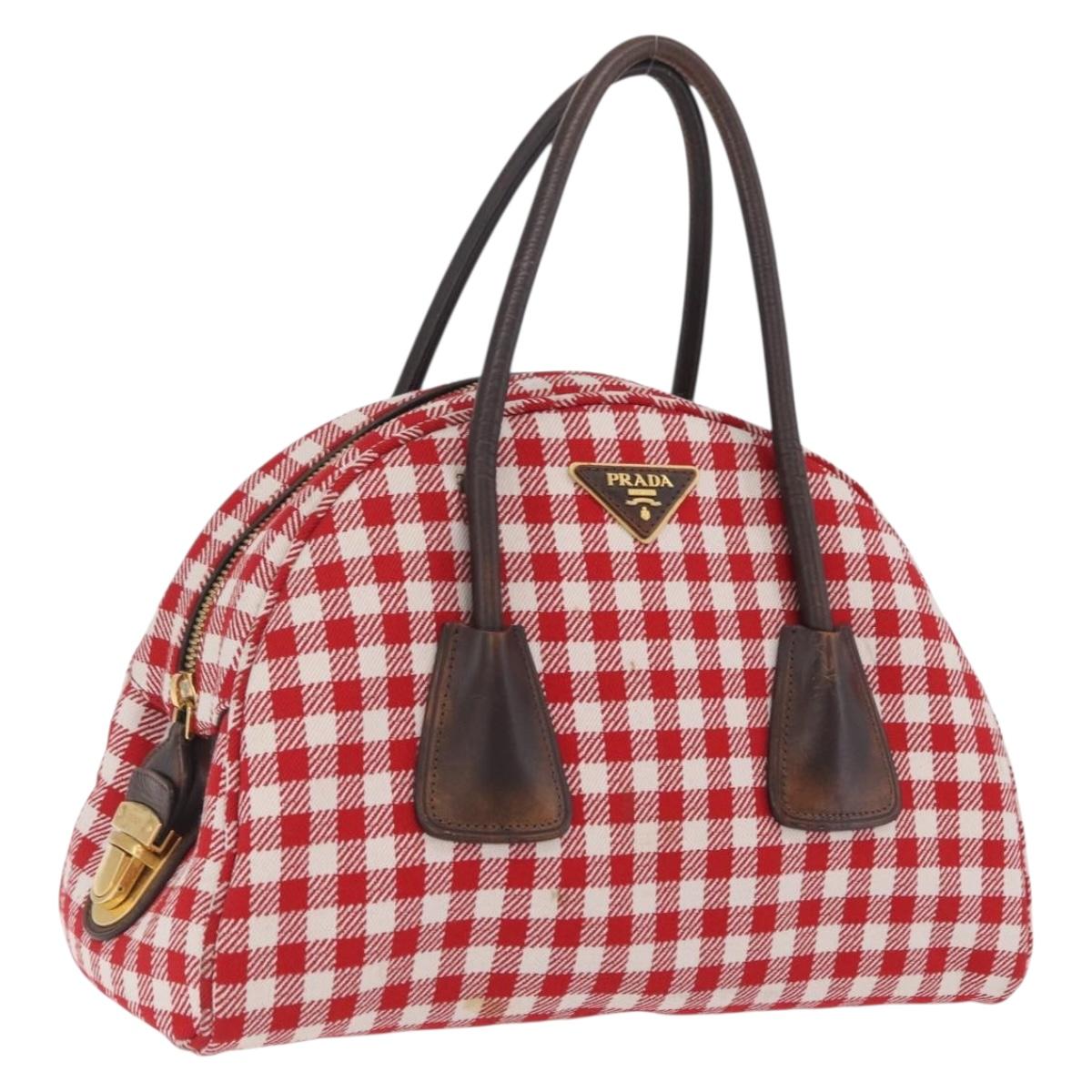 PRADA Hand Bag Canvas Red Gold Tone Auth BA16272V