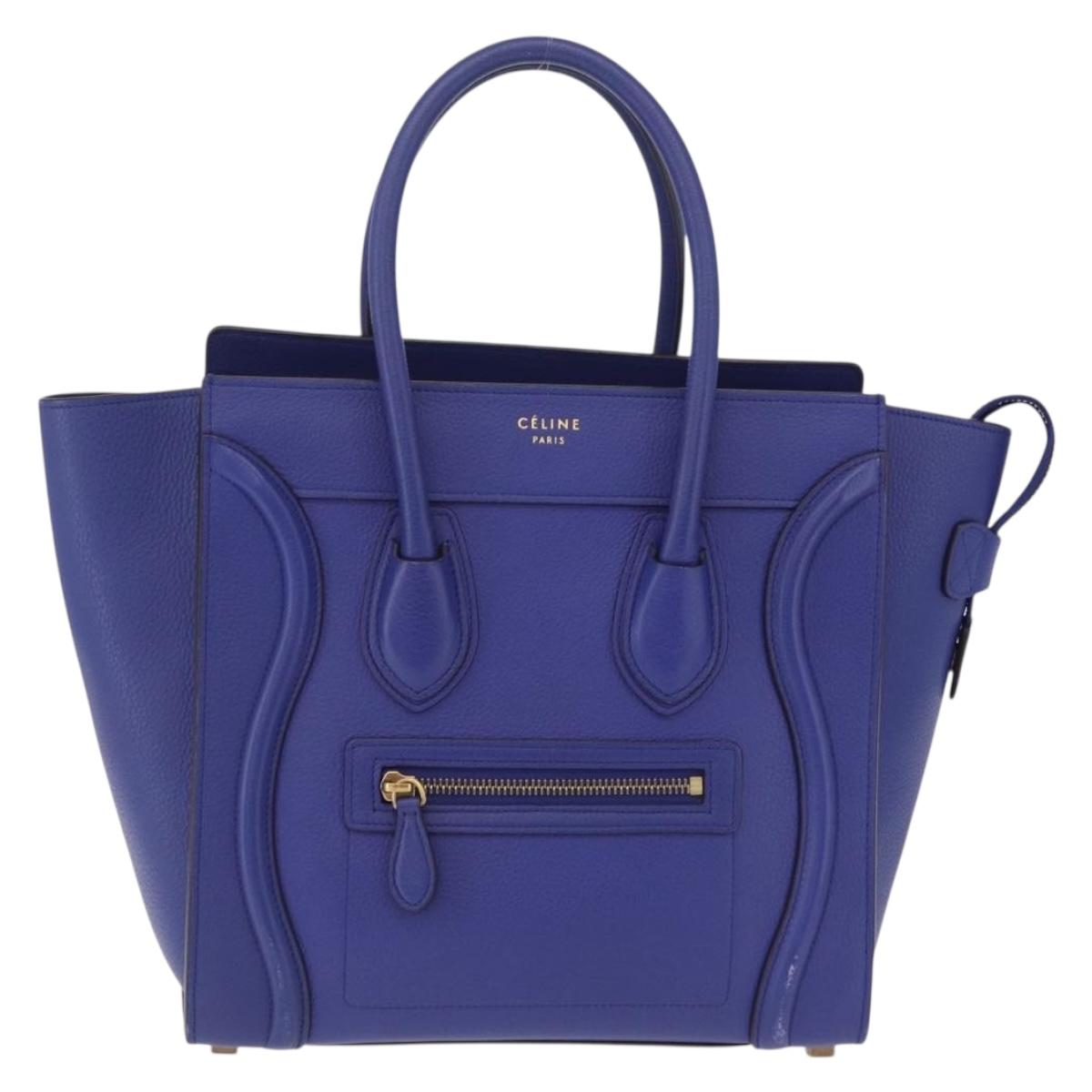 CELINE Luggage Micro Shopper Hand Bag Leather Blue Gold Tone Auth BA16273V