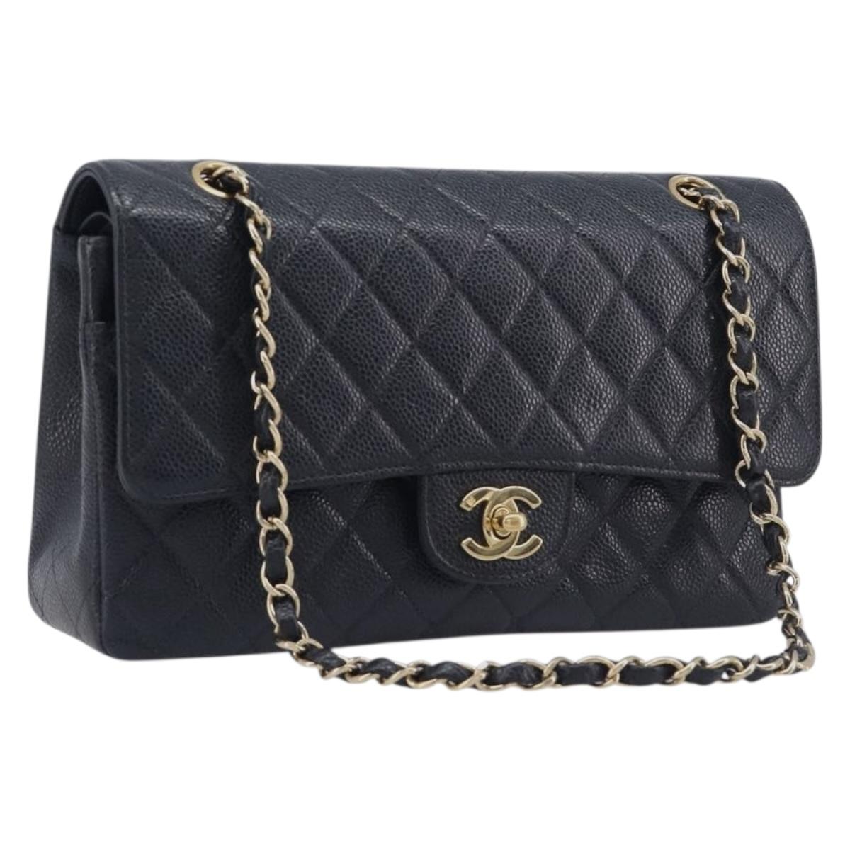 CHANEL Matelasse 25 Double Flap Chain Shoulder Bag Caviar Skin Auth BA16281SM