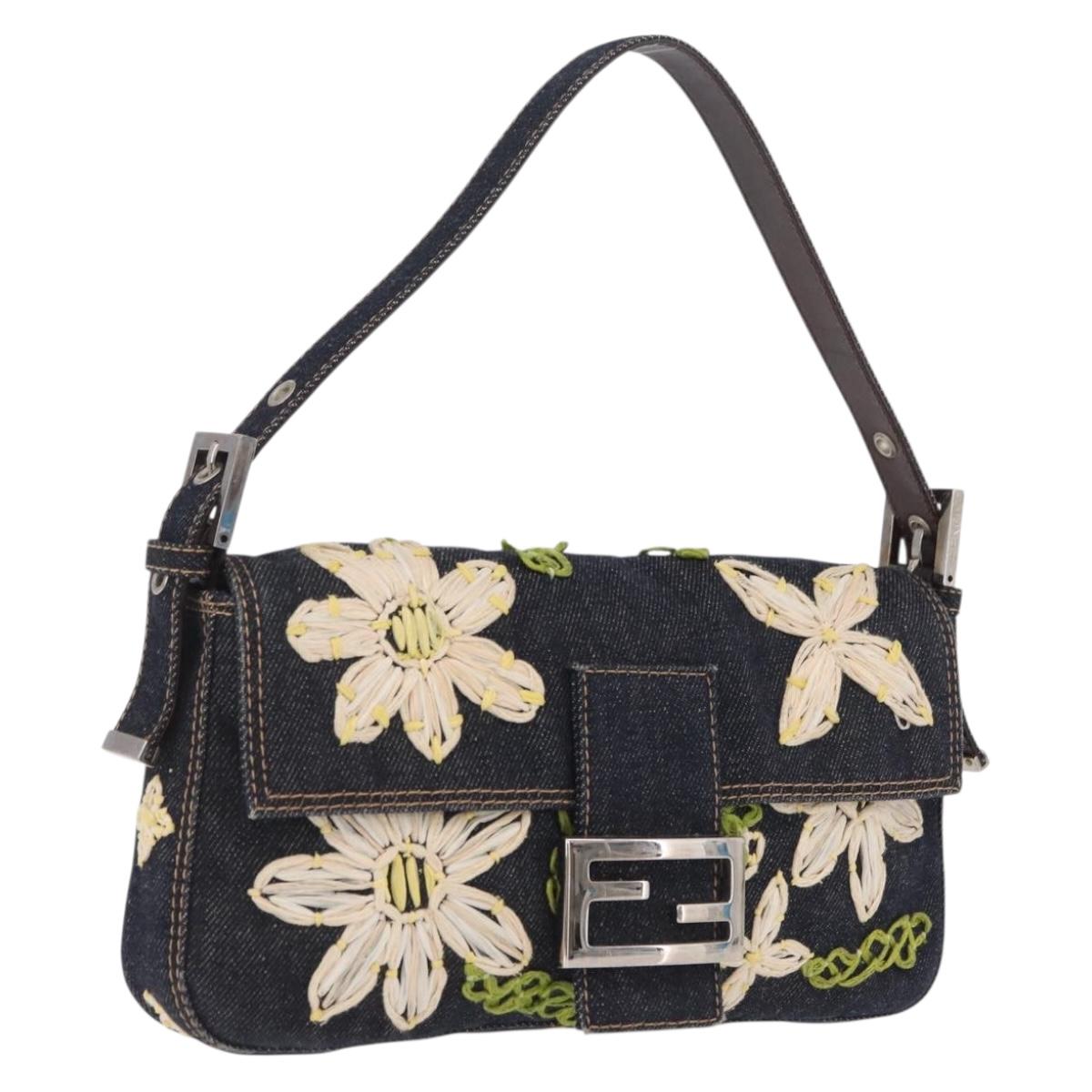 FENDI Mamma Baguette Shoulder Bag Denim Navy Silver Auth BA16282SAM