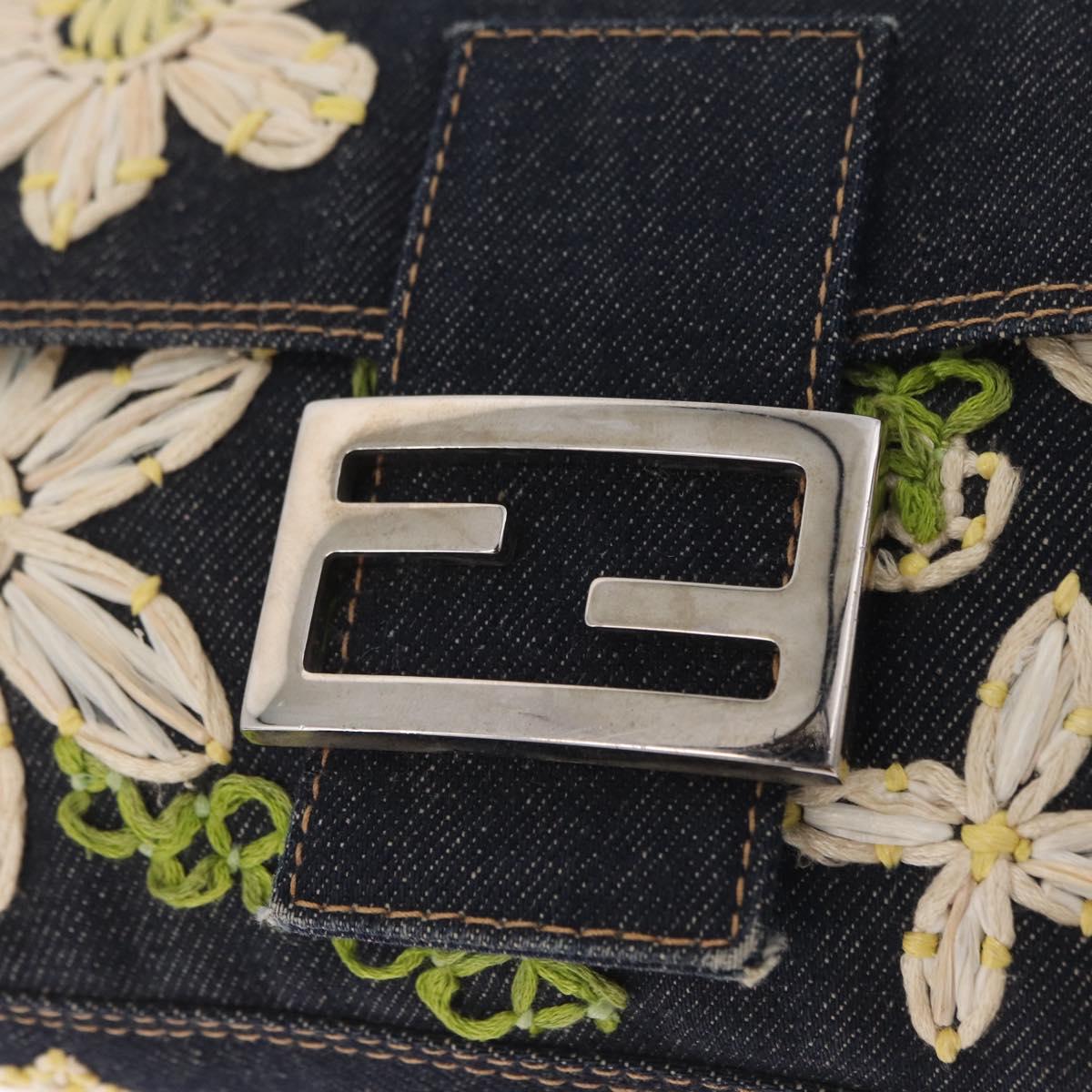 FENDI Mamma Baguette Shoulder Bag Denim Navy Silver Auth BA16282SAM