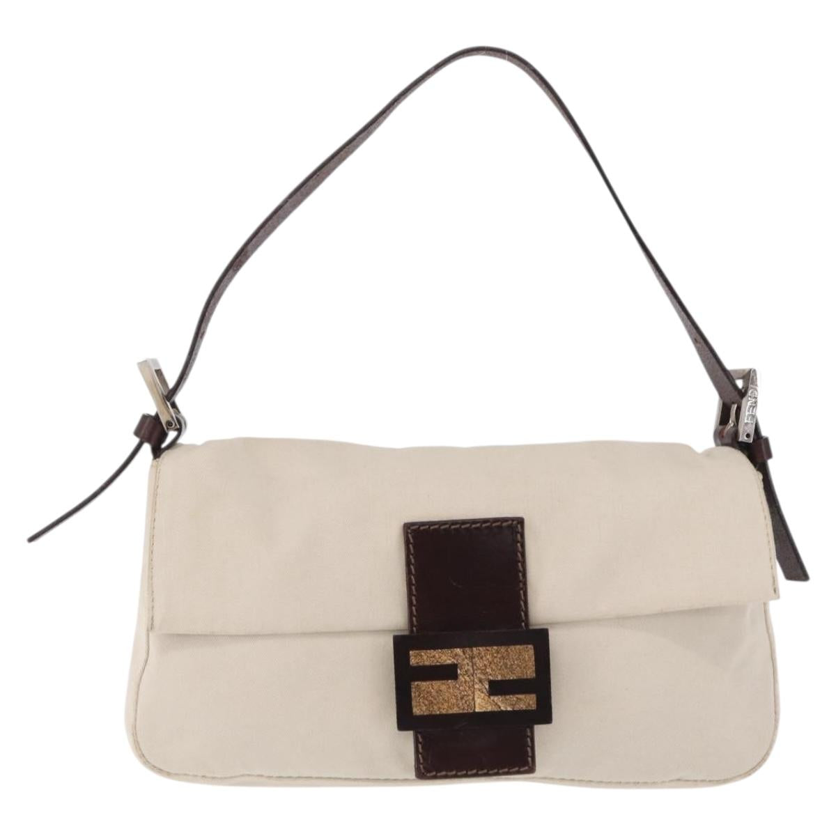 FENDI Mamma Baguette Shoulder Bag cotton Ivory Silver Auth BA16283