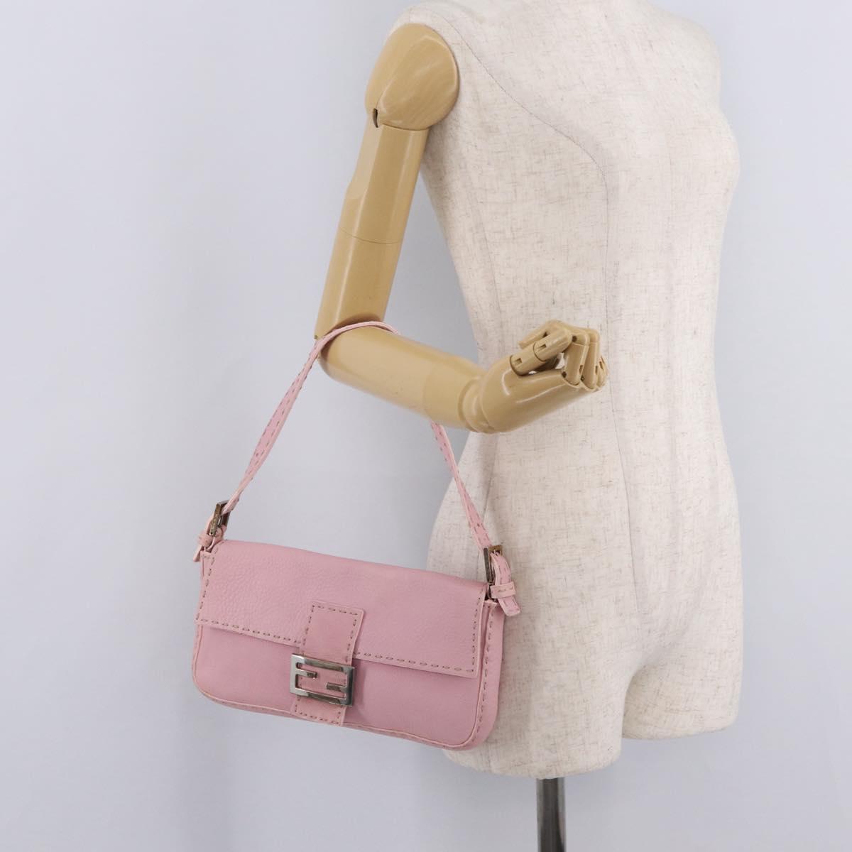 FENDI Selleria Mamma Baguette Shoulder Bag Leather Pink Silver Auth BA16287V