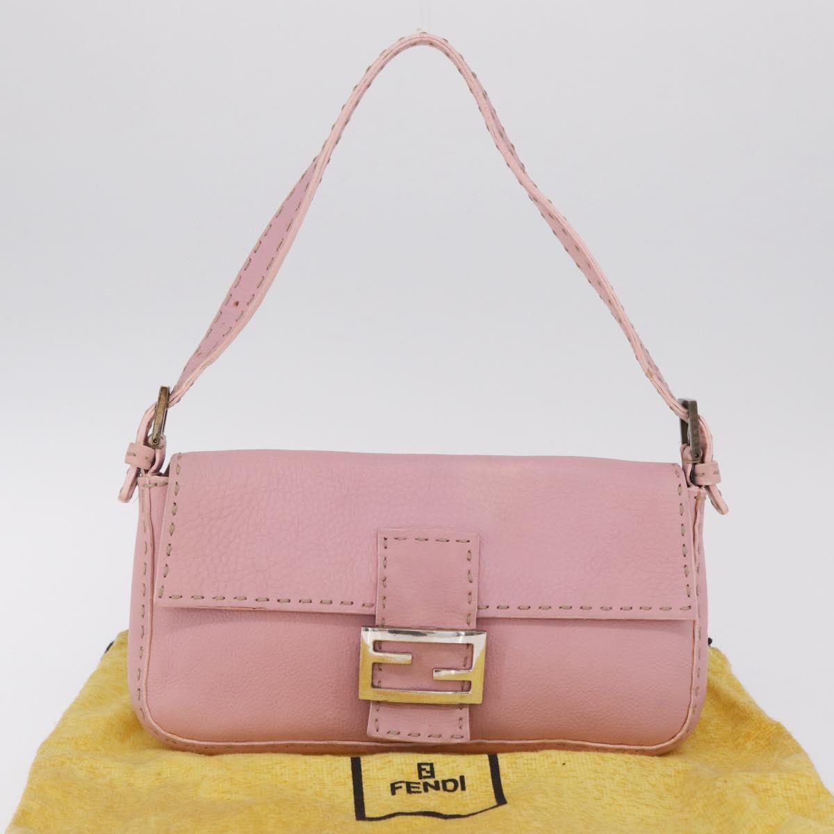 FENDI Selleria Mamma Baguette Shoulder Bag Leather Pink Silver Auth BA16287V