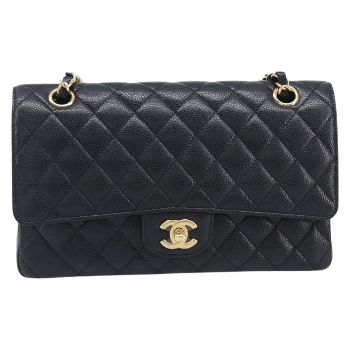 CHANEL Matelasse 25 Chain Shoulder Bag Caviar Skin Black Gold CC Auth BA16288SM