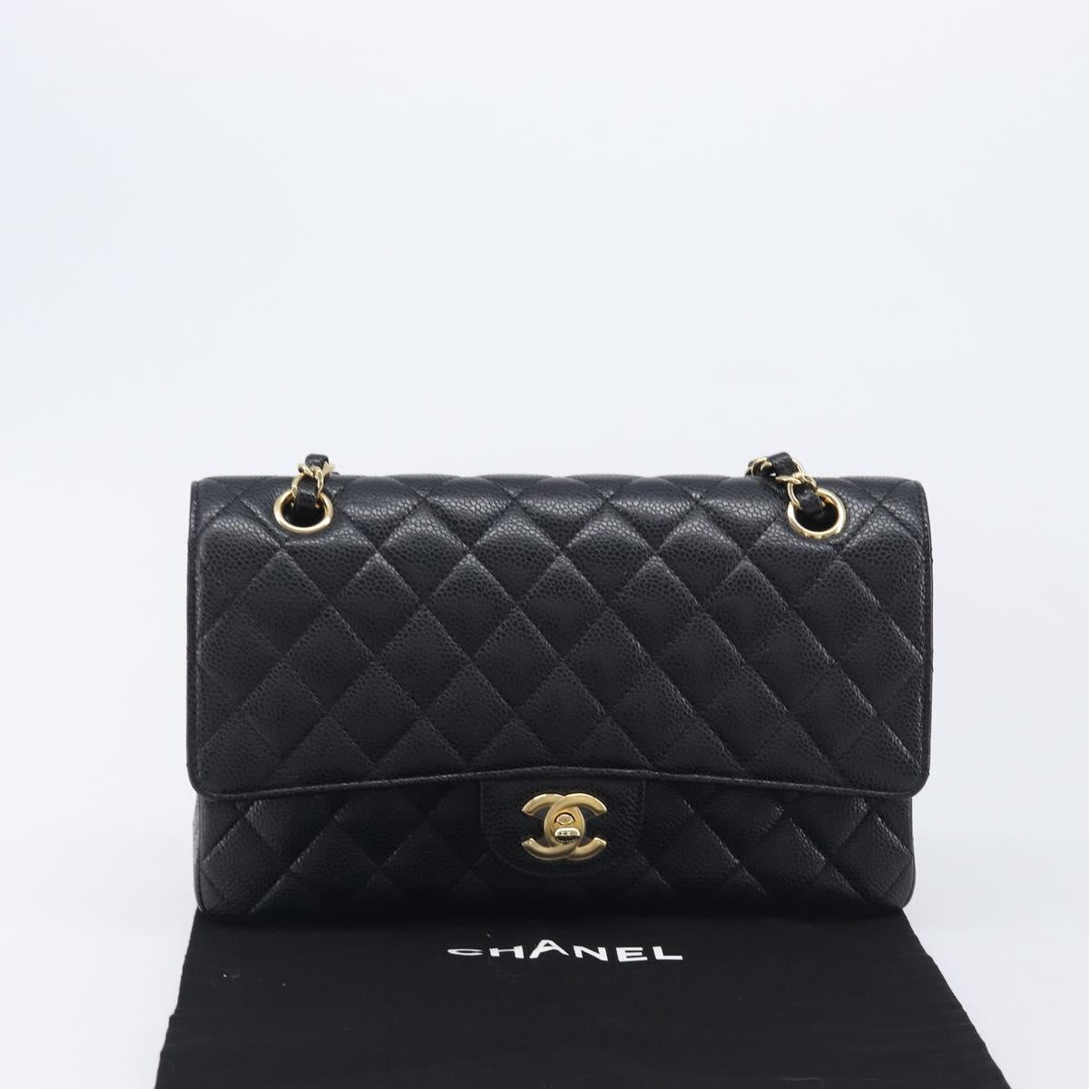 CHANEL Matelasse 25 Chain Shoulder Bag Caviar Skin Black Gold CC Auth BA16288SM
