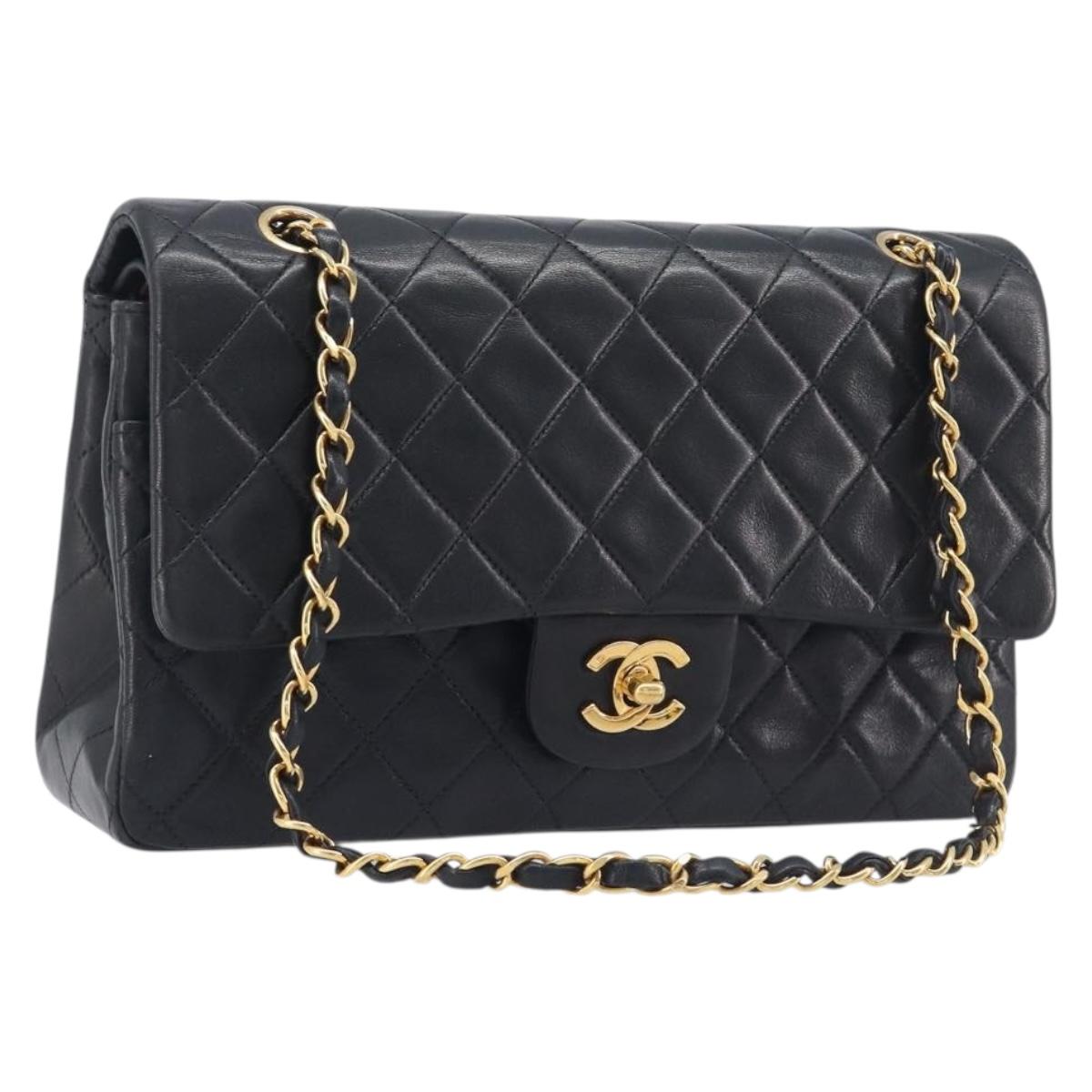 CHANEL Matelasse 25 Chain Shoulder Bag Lamb Skin Black Gold CC Auth BA16290SM