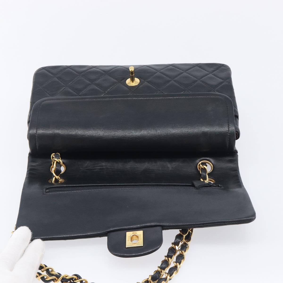 CHANEL Matelasse 25 Chain Shoulder Bag Lamb Skin Black Gold CC Auth BA16290SM
