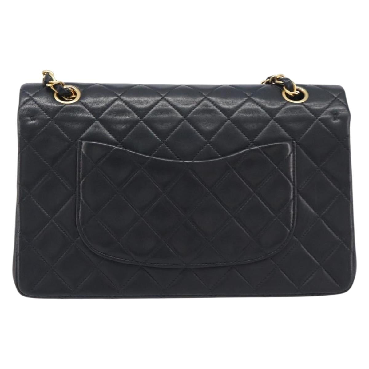 CHANEL Matelasse 25 Chain Shoulder Bag Lamb Skin Black Gold CC Auth BA16290SM
