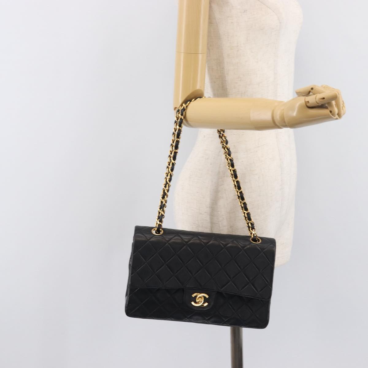 CHANEL Matelasse 25 Chain Shoulder Bag Lamb Skin Black Gold CC Auth BA16290SM