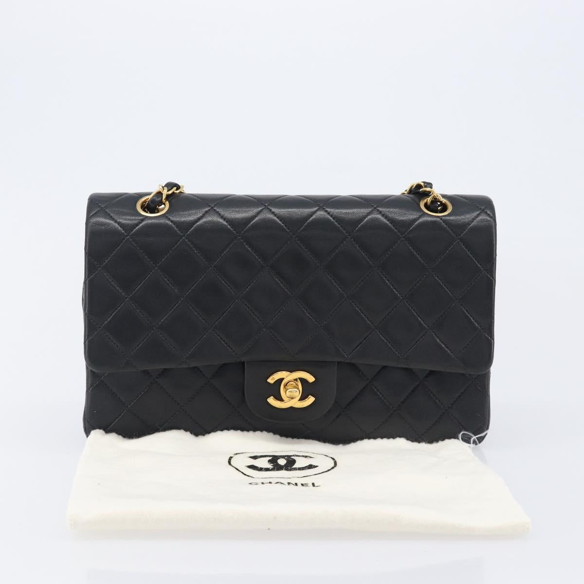CHANEL Matelasse 25 Chain Shoulder Bag Lamb Skin Black Gold CC Auth BA16290SM