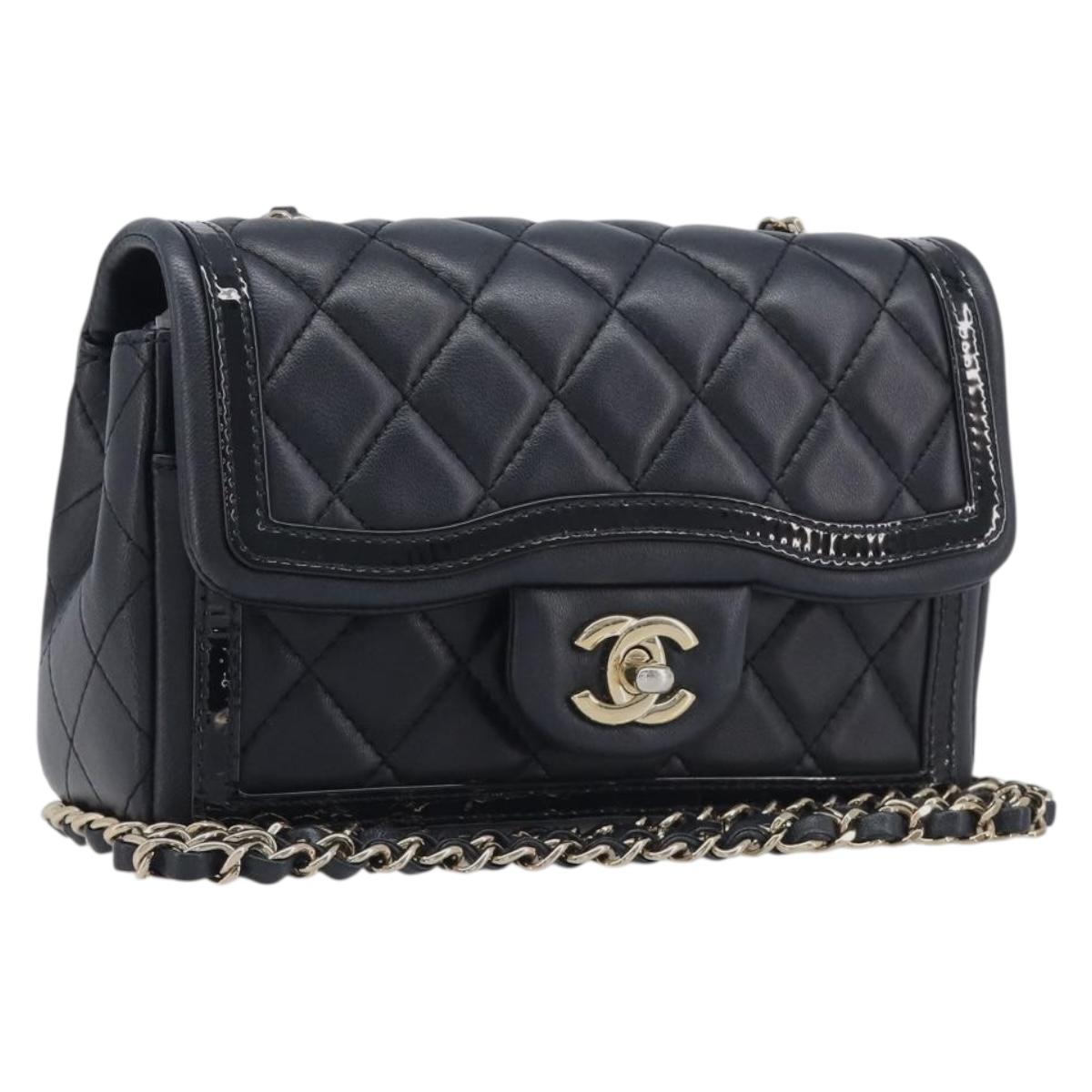 CHANEL Mini Matelasse 20 Chain Shoulder Bag Lamb Skin Black Gold Auth BA16292SM