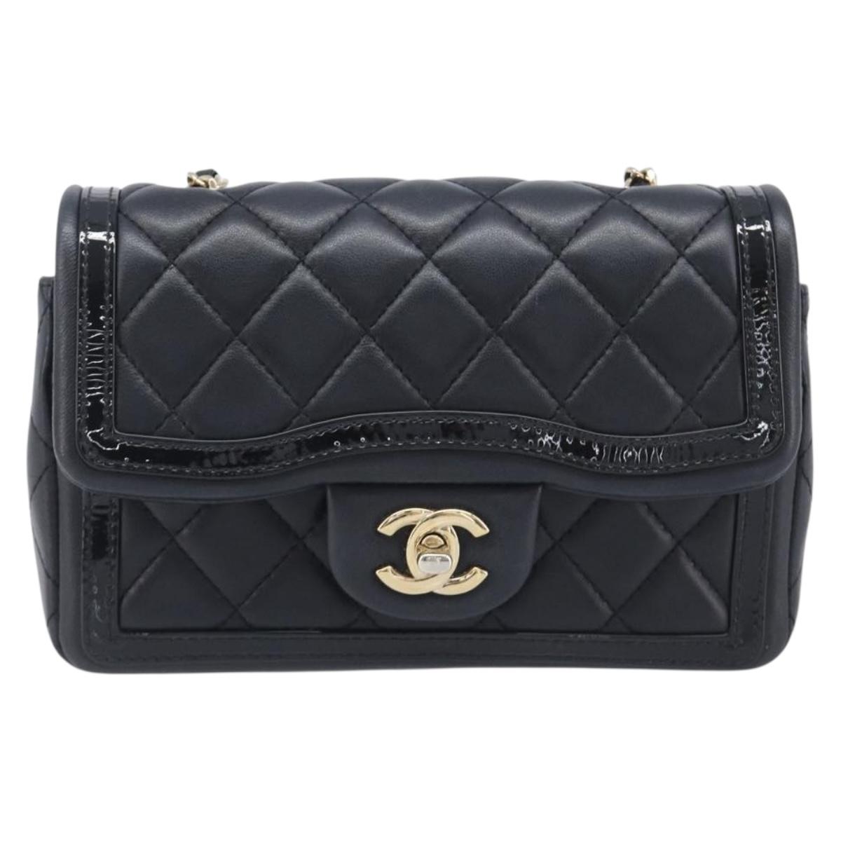 CHANEL Mini Matelasse 20 Chain Shoulder Bag Lamb Skin Black Gold Auth BA16292SM