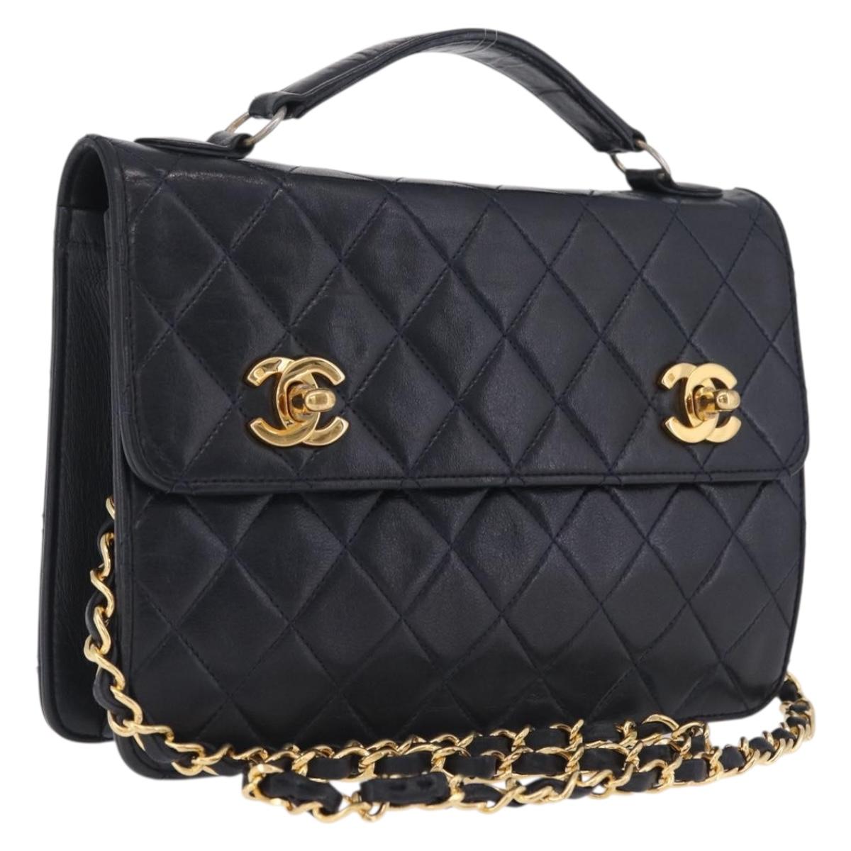 CHANEL Matelasse Chain Shoulder Bag Lamb Skin 2way Navy Gold CC Auth BA16293SAV