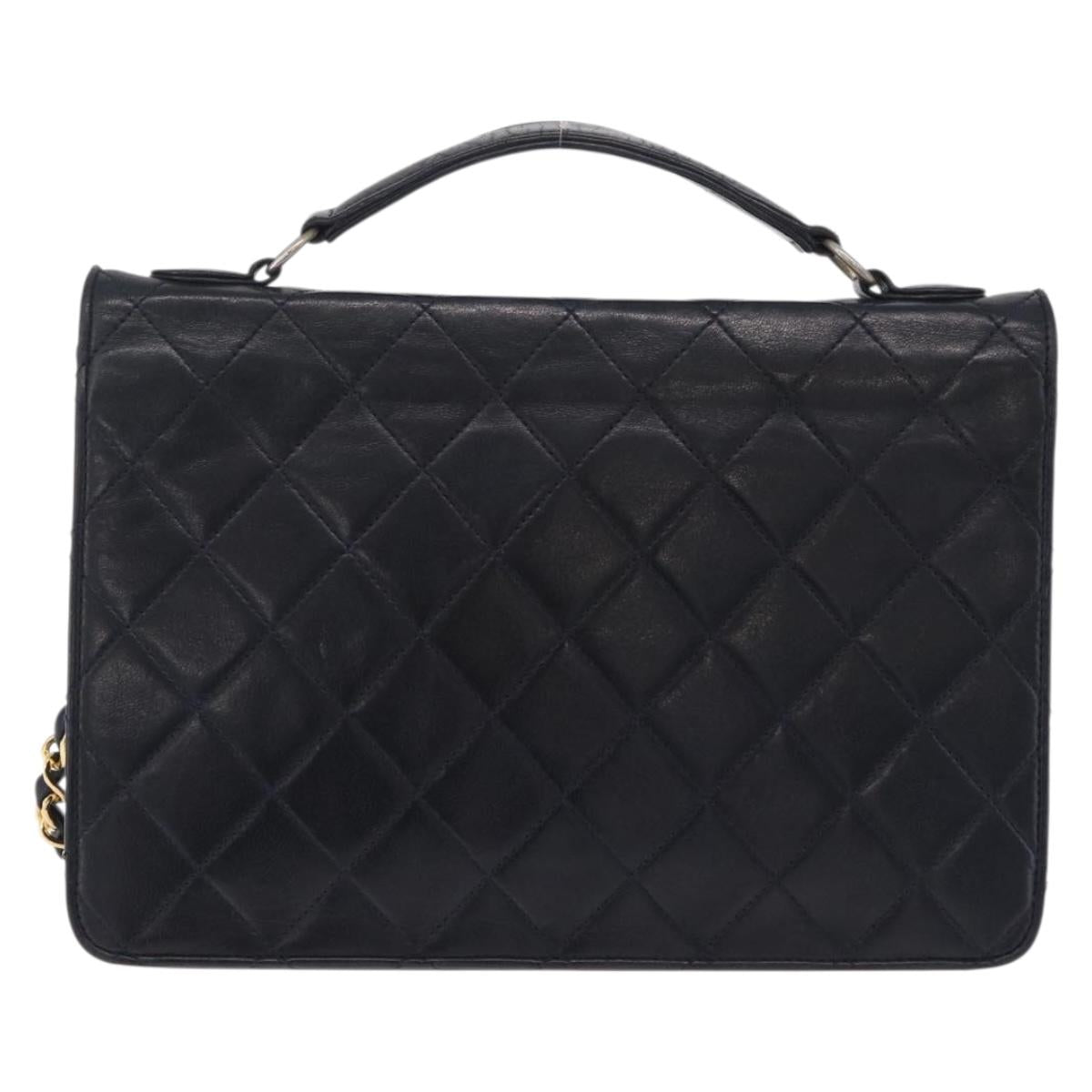 CHANEL Matelasse Chain Shoulder Bag Lamb Skin 2way Navy Gold CC Auth BA16293SAV