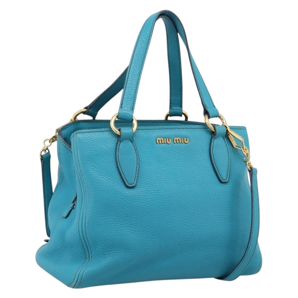Miu Miu Hand Bag Leather 2way Turquoise Blue Gold Tone Auth BA16303V